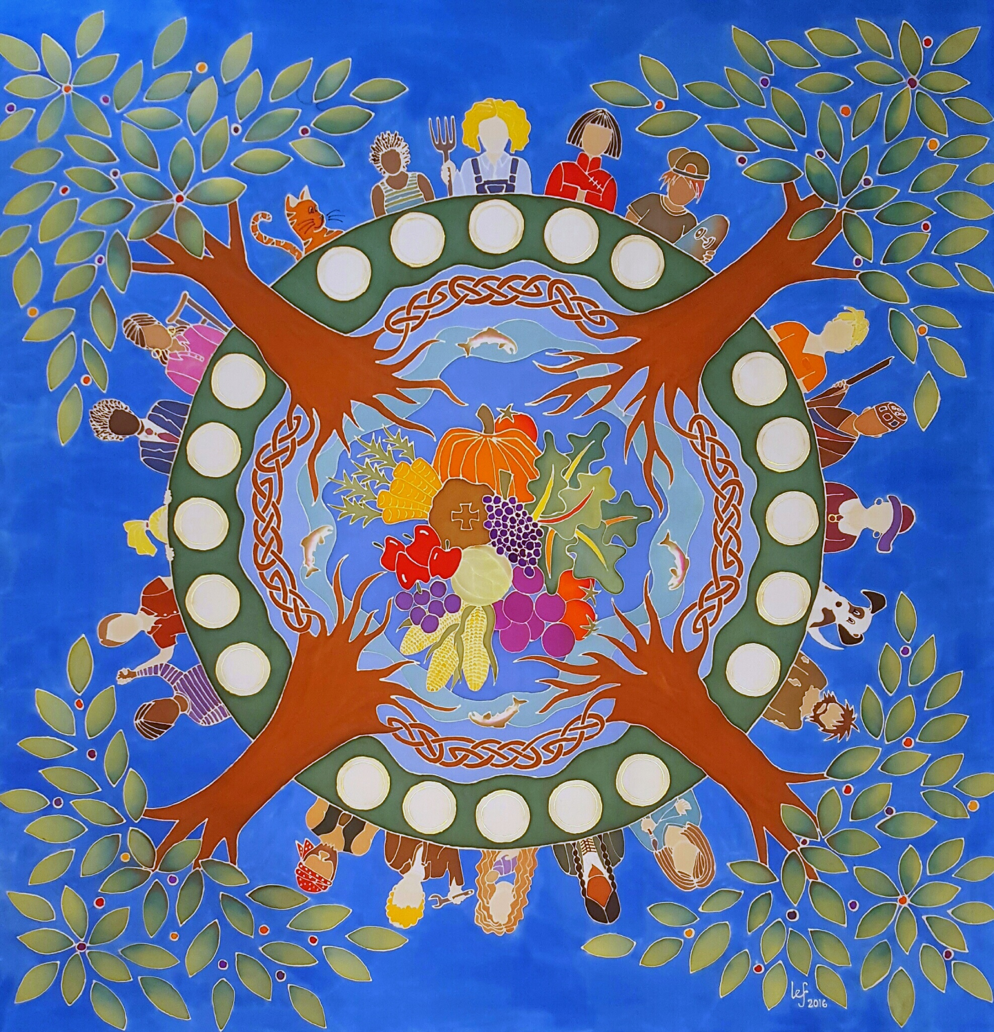 A Place at the Table-round table, sheltering trees, people, and cornucopia in the center.