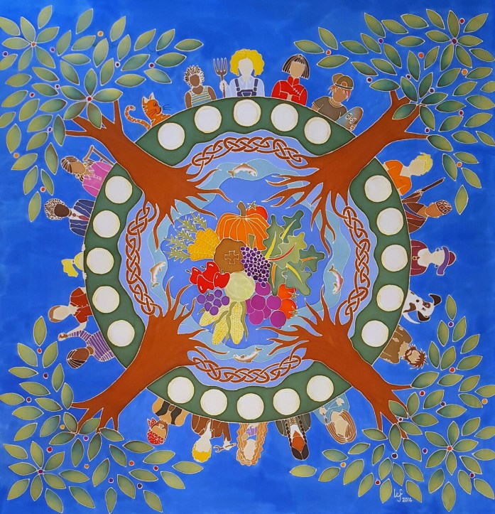 A Place at the Table-round table, sheltering trees, people, and cornucopia in the center.